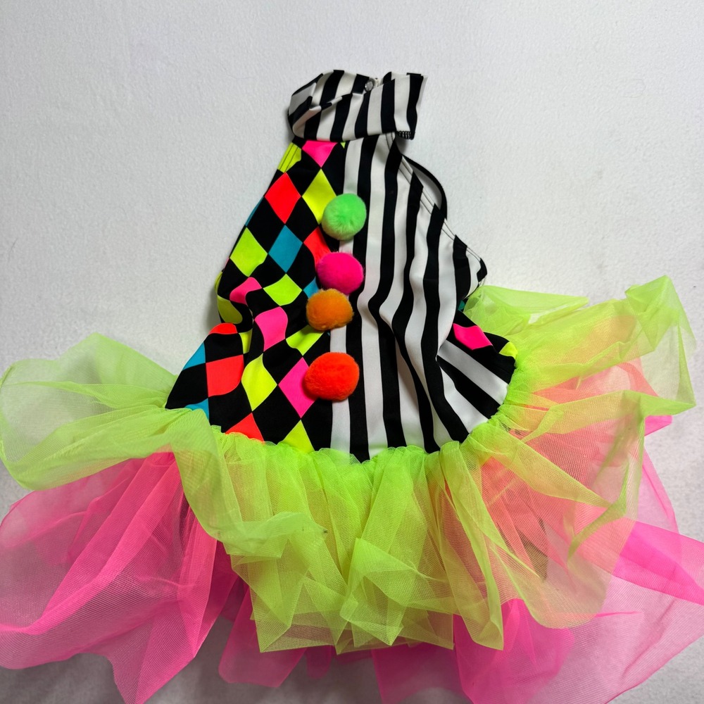 Weissman Clown Dance Costume SC Small Child Neon Harlequin Tulle Pom Pom Leotard